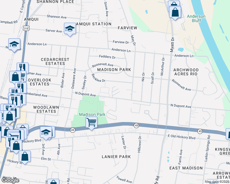 map of restaurants, bars, coffee shops, grocery stores, and more near 601 North Dupont Avenue in Nashville