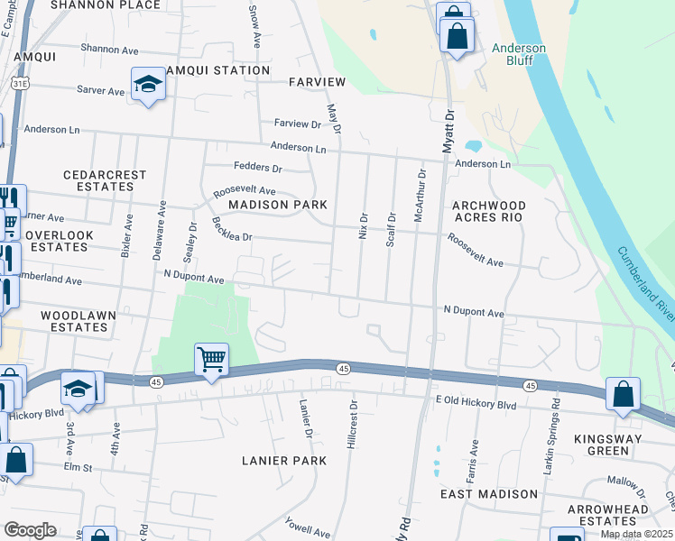 map of restaurants, bars, coffee shops, grocery stores, and more near 189 Becklea Drive in Nashville