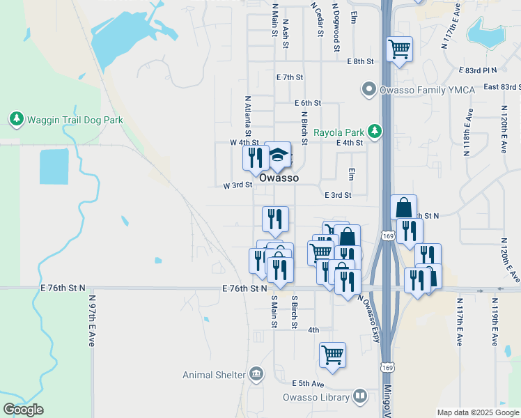 map of restaurants, bars, coffee shops, grocery stores, and more near 109 West 2nd Street in Owasso