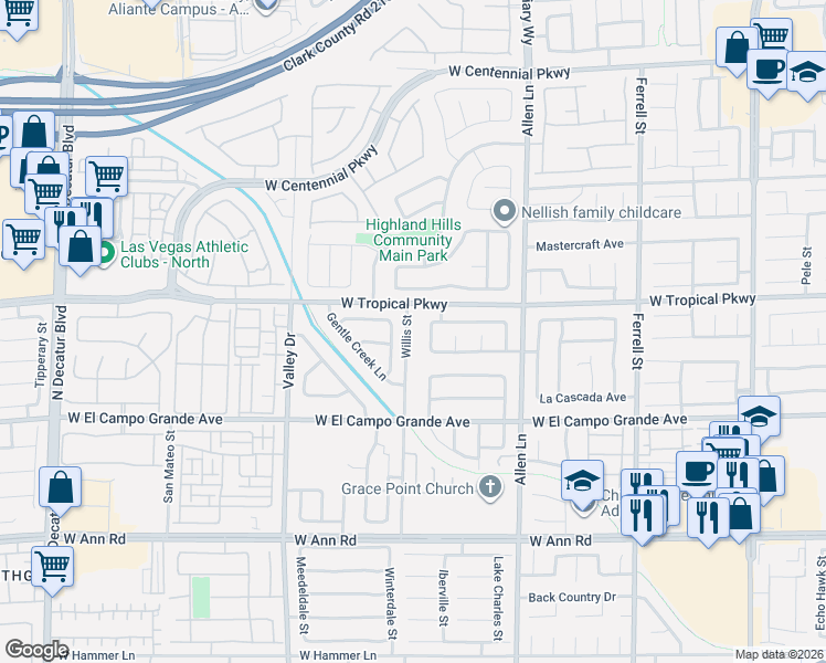 map of restaurants, bars, coffee shops, grocery stores, and more near 3912 Shimmering Creek Avenue in North Las Vegas