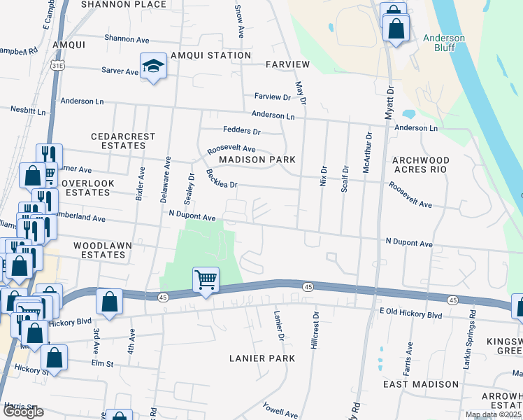 map of restaurants, bars, coffee shops, grocery stores, and more near 601 North Dupont Avenue in Nashville