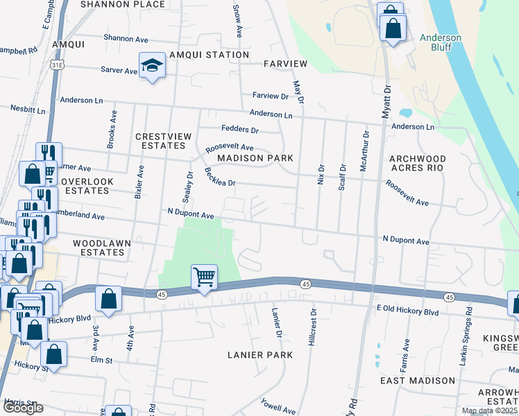 map of restaurants, bars, coffee shops, grocery stores, and more near 601 North Dupont Avenue in Nashville