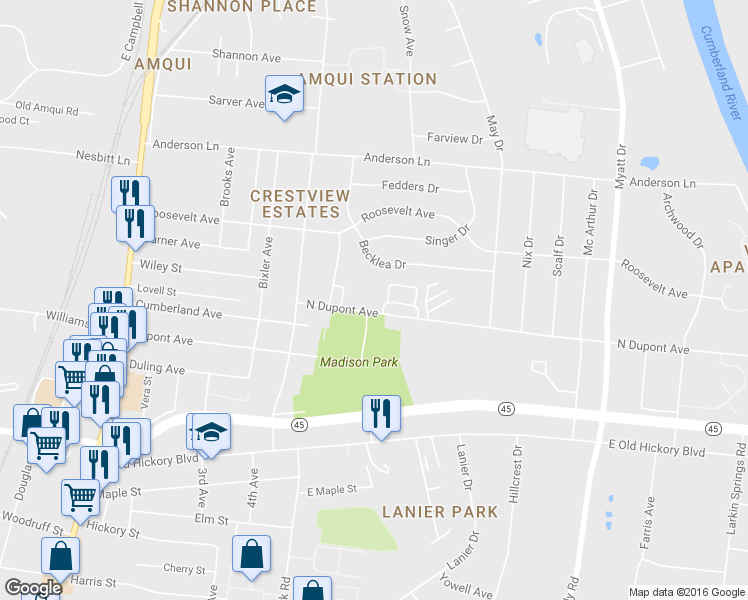 map of restaurants, bars, coffee shops, grocery stores, and more near 555 North Dupont Avenue in Nashville