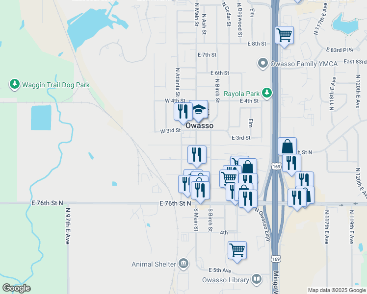 map of restaurants, bars, coffee shops, grocery stores, and more near 109 West 2nd Street in Owasso