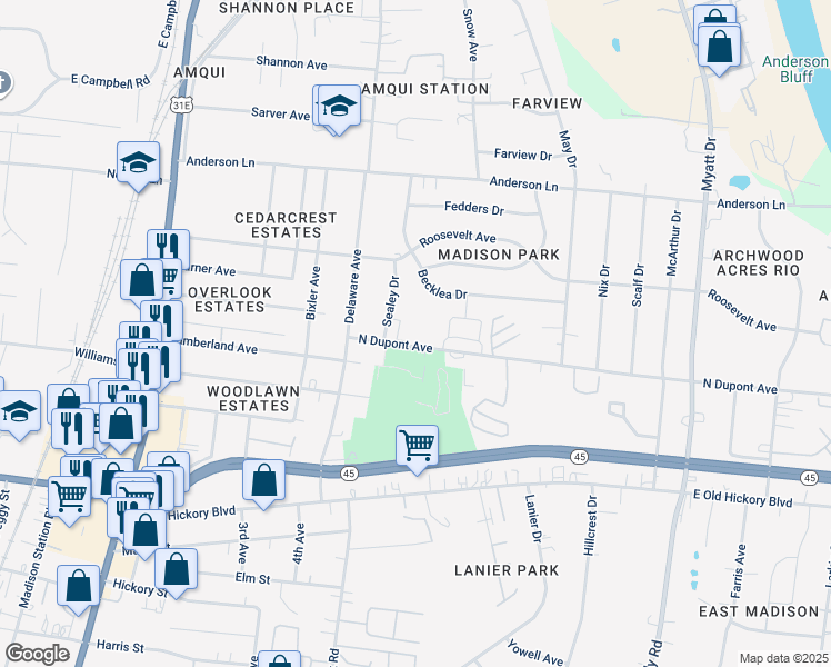 map of restaurants, bars, coffee shops, grocery stores, and more near 555 North Dupont Avenue in Nashville