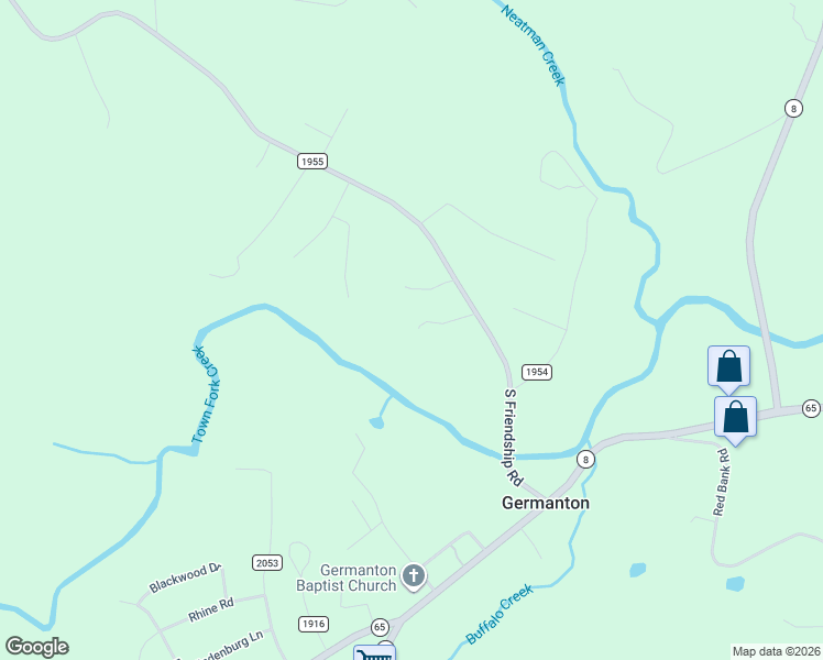 map of restaurants, bars, coffee shops, grocery stores, and more near 3648 South Friendship Road in Germanton