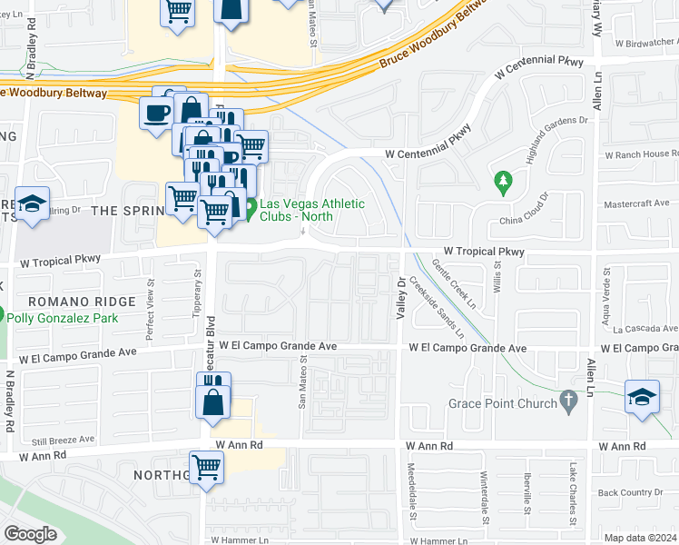 map of restaurants, bars, coffee shops, grocery stores, and more near 5960 Palmilla Street in North Las Vegas
