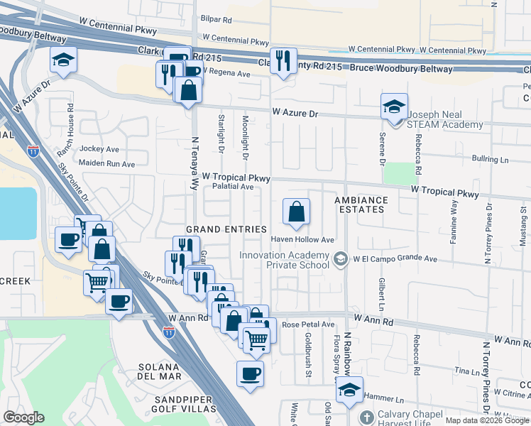 map of restaurants, bars, coffee shops, grocery stores, and more near 5816 Emperor Way in Las Vegas