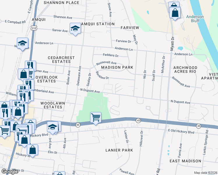 map of restaurants, bars, coffee shops, grocery stores, and more near 591 North Dupont Avenue in Nashville