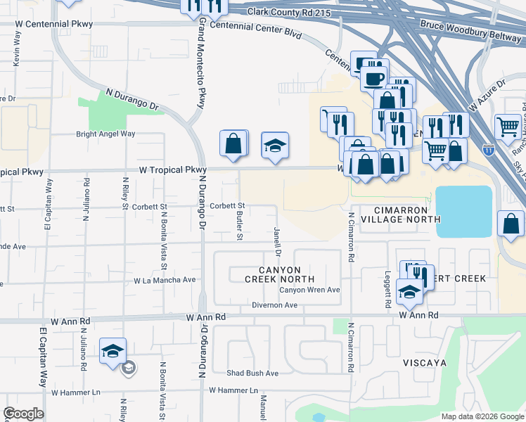 map of restaurants, bars, coffee shops, grocery stores, and more near 5875 Janell Drive in Las Vegas