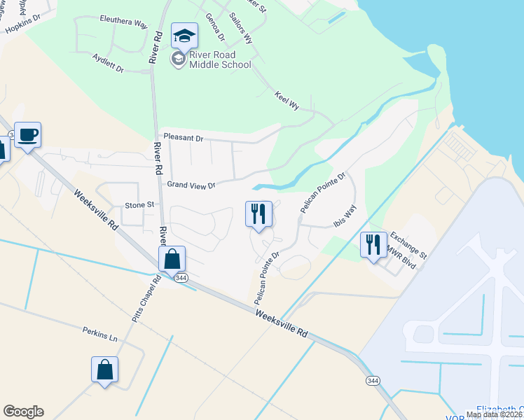 map of restaurants, bars, coffee shops, grocery stores, and more near 419 Phaeson Place in Elizabeth City