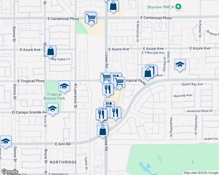 map of restaurants, bars, coffee shops, grocery stores, and more near 5970 Losee Road in North Las Vegas