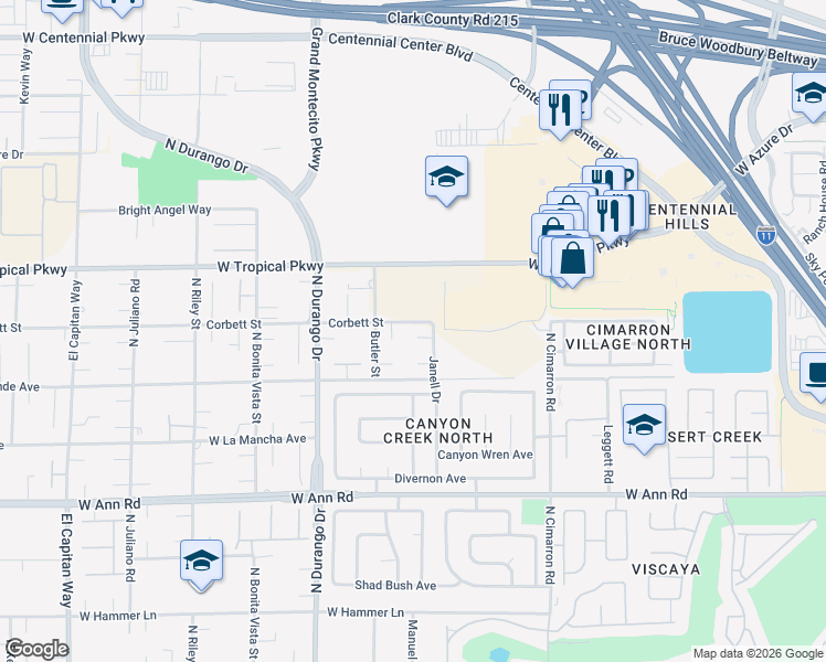 map of restaurants, bars, coffee shops, grocery stores, and more near 5875 Janell Drive in Las Vegas