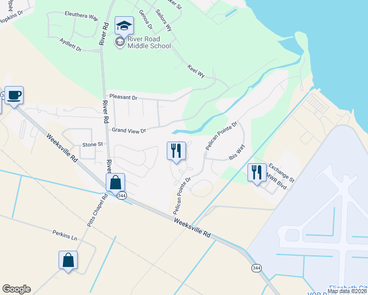 map of restaurants, bars, coffee shops, grocery stores, and more near 419 Phaeson Place in Elizabeth City