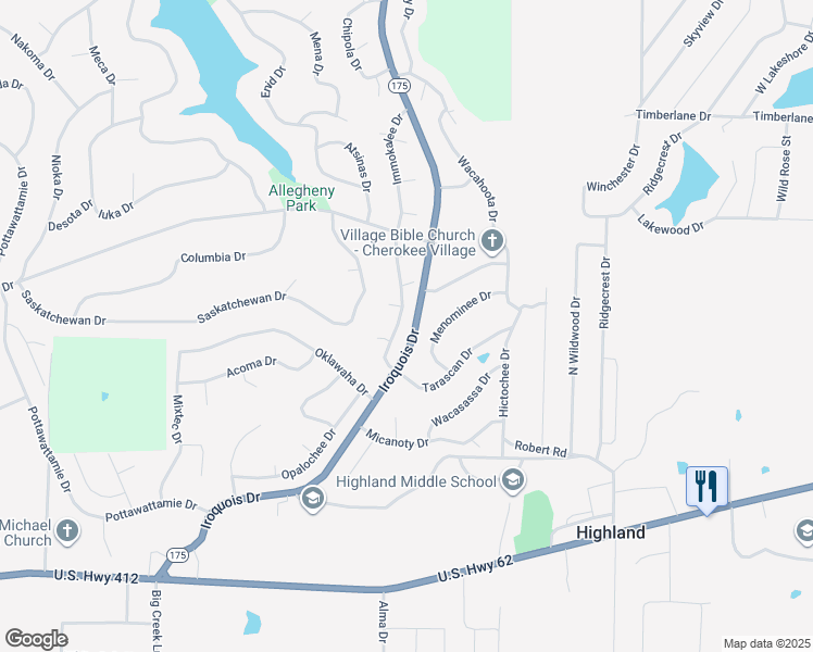 map of restaurants, bars, coffee shops, grocery stores, and more near 11 Immokalee Drive in Cherokee Village
