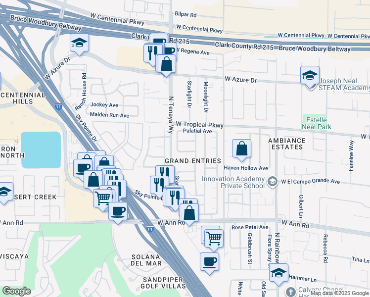 map of restaurants, bars, coffee shops, grocery stores, and more near 7220 Pisa Avenue in Las Vegas