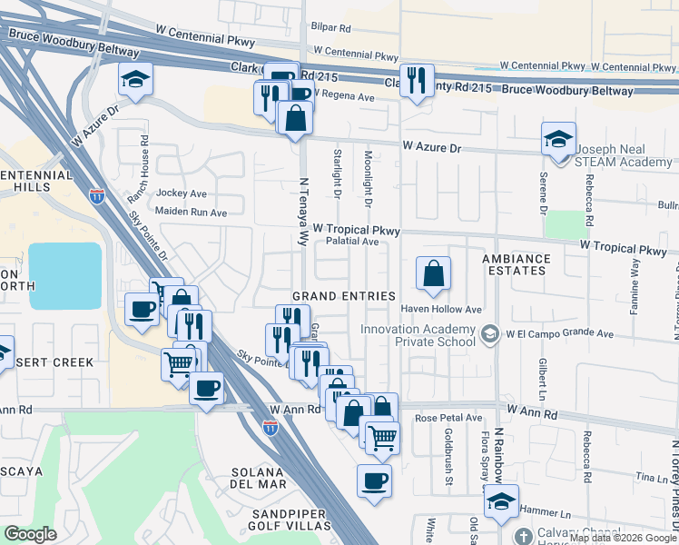 map of restaurants, bars, coffee shops, grocery stores, and more near 7201 London Bridge Avenue in Las Vegas