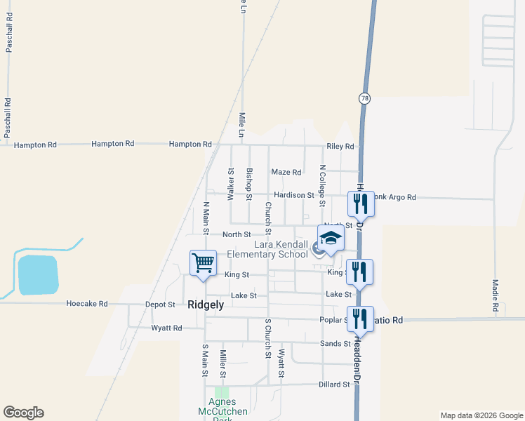 map of restaurants, bars, coffee shops, grocery stores, and more near 431 Church Street in Ridgely