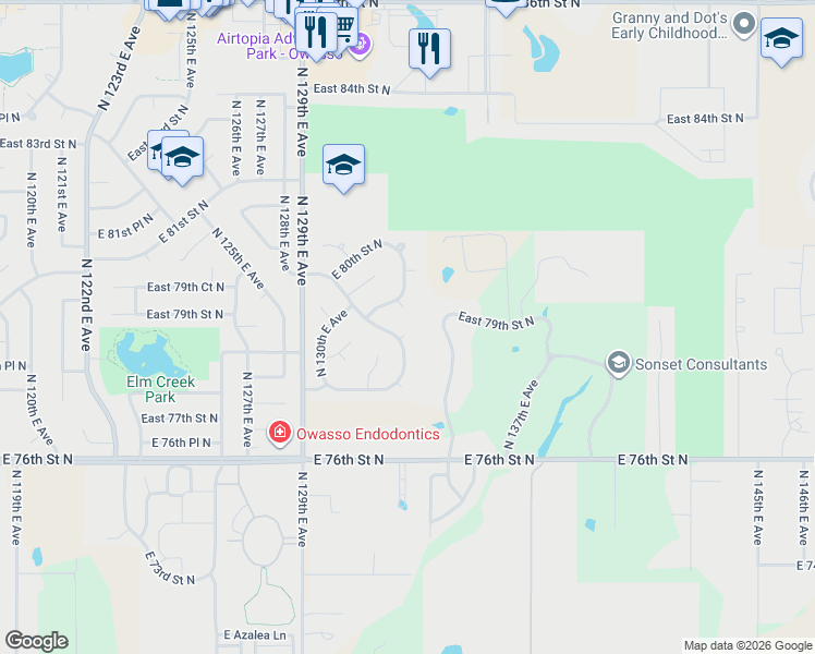 map of restaurants, bars, coffee shops, grocery stores, and more near 7802 North 132nd East Court in Owasso