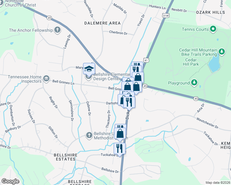 map of restaurants, bars, coffee shops, grocery stores, and more near 1109 Bell Grimes Ln in Nashville