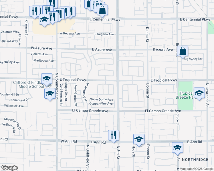 map of restaurants, bars, coffee shops, grocery stores, and more near 5929 North Caddy Ridge Street in North Las Vegas
