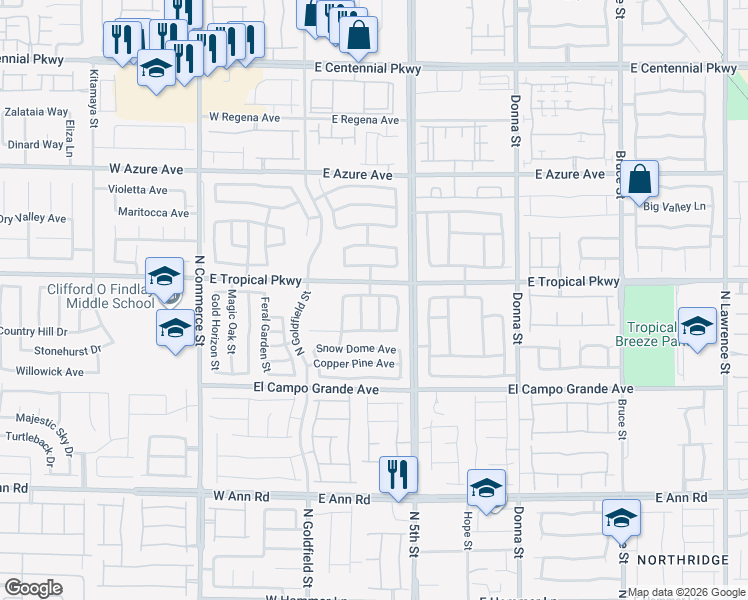 map of restaurants, bars, coffee shops, grocery stores, and more near 5929 North Caddy Ridge Street in North Las Vegas