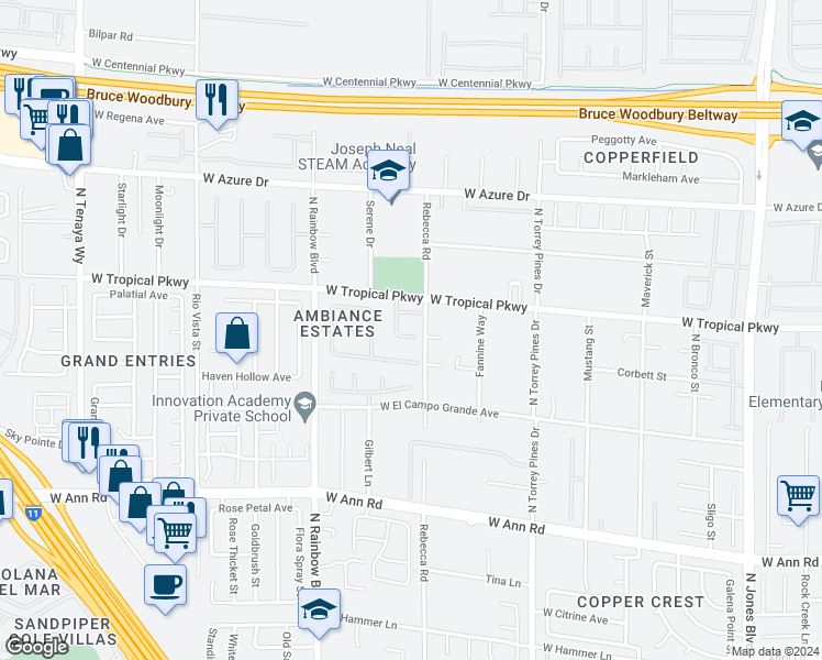 map of restaurants, bars, coffee shops, grocery stores, and more near 6632 Rashelda Court in Las Vegas