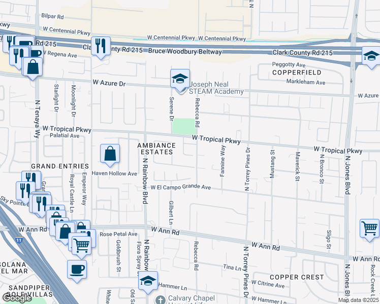 map of restaurants, bars, coffee shops, grocery stores, and more near 6632 Rashelda Court in Las Vegas
