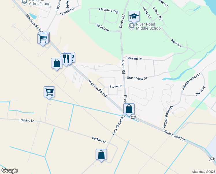 map of restaurants, bars, coffee shops, grocery stores, and more near Stone Street in Elizabeth City
