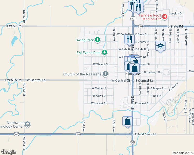 map of restaurants, bars, coffee shops, grocery stores, and more near 500 West Central Street in Fairview