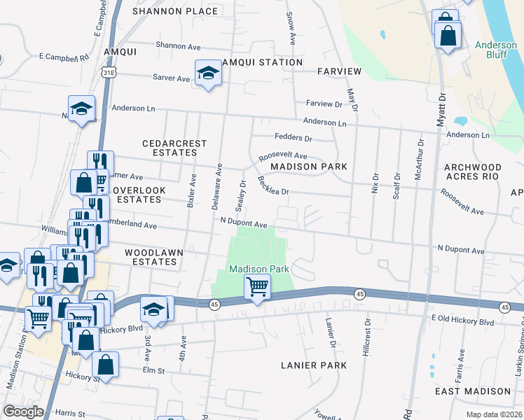map of restaurants, bars, coffee shops, grocery stores, and more near 555 North Dupont Avenue in Nashville