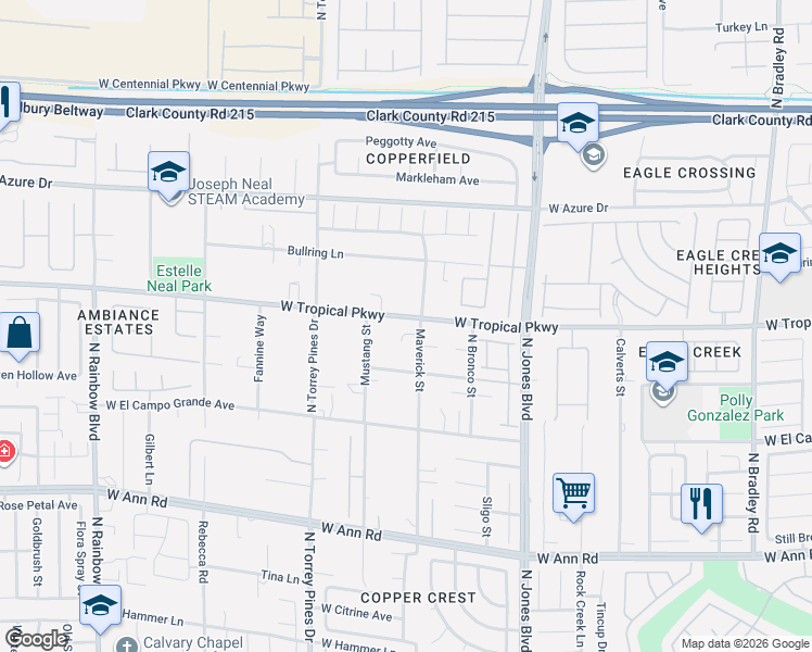 map of restaurants, bars, coffee shops, grocery stores, and more near 5965 Maverick Street in Las Vegas