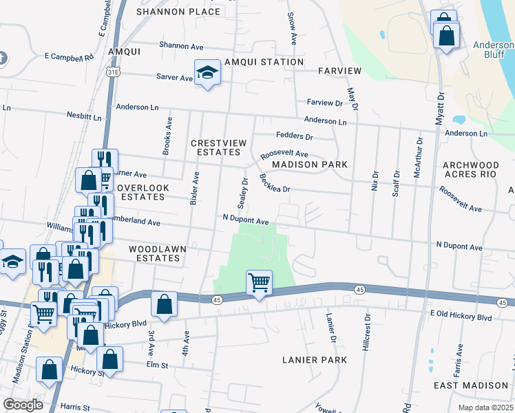 map of restaurants, bars, coffee shops, grocery stores, and more near 525 North Dupont Avenue in Nashville