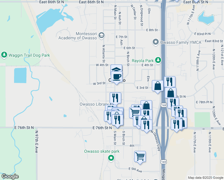 map of restaurants, bars, coffee shops, grocery stores, and more near 109 West 2nd Street in Owasso