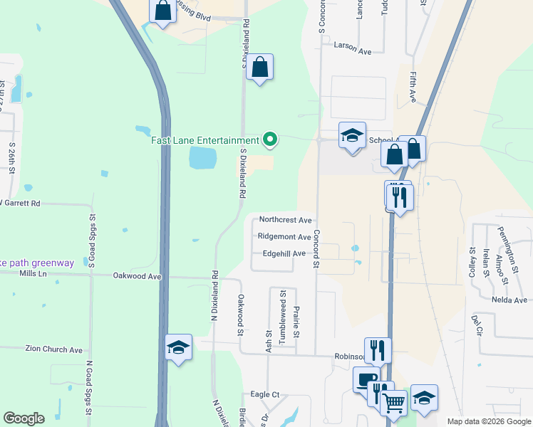 map of restaurants, bars, coffee shops, grocery stores, and more near 414 Northcrest Avenue in Lowell