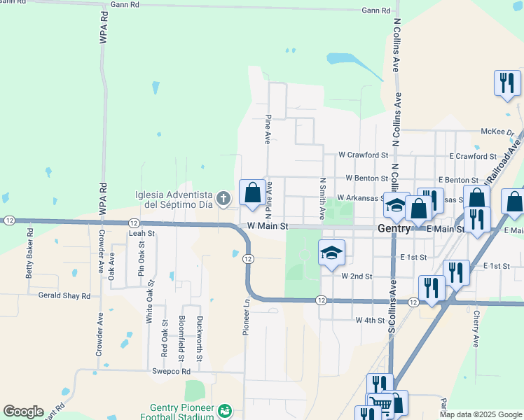 map of restaurants, bars, coffee shops, grocery stores, and more near 108 Pine Avenue in Gentry