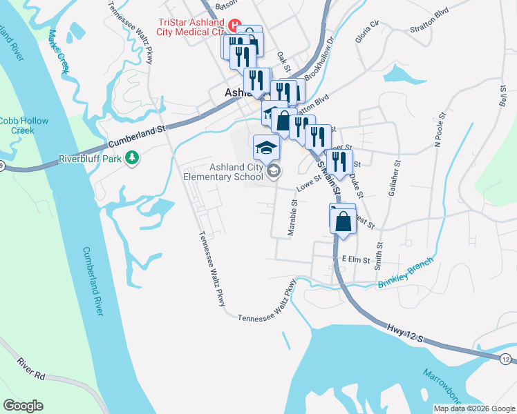 map of restaurants, bars, coffee shops, grocery stores, and more near 105 Willow Street in Ashland City