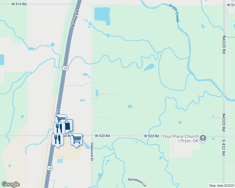 map of restaurants, bars, coffee shops, grocery stores, and more near 0 Krystal Road in Pryor