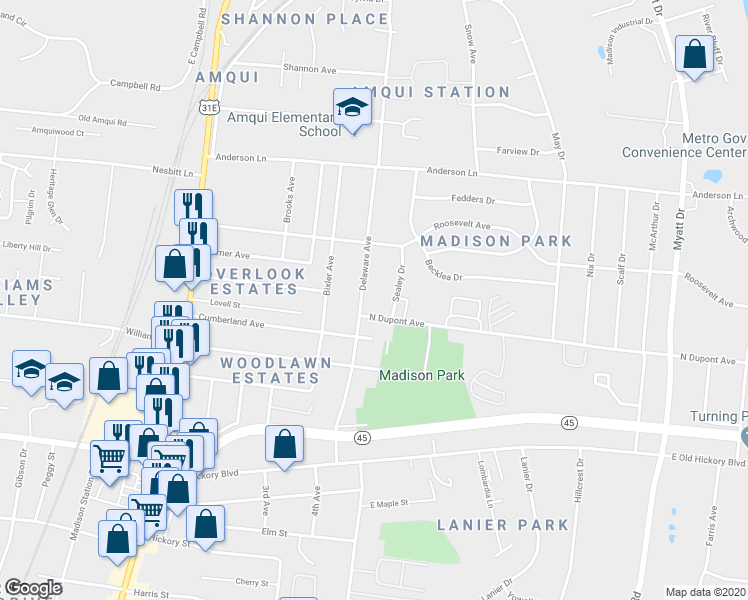 map of restaurants, bars, coffee shops, grocery stores, and more near 624 Delaware Avenue in Nashville