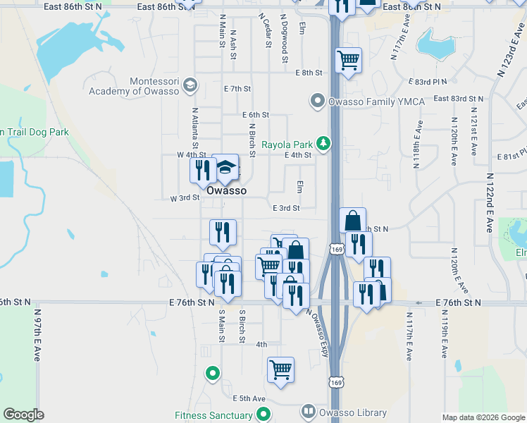 map of restaurants, bars, coffee shops, grocery stores, and more near 205 East 2nd Street in Owasso