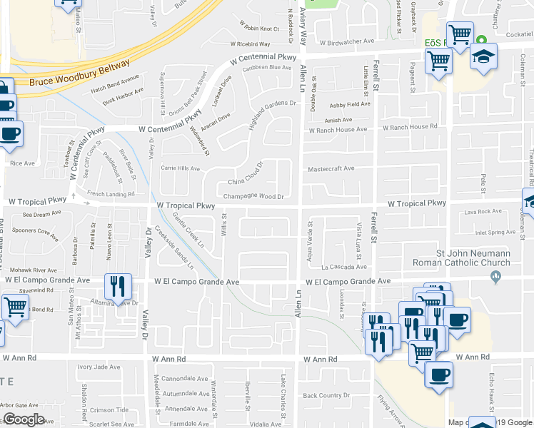map of restaurants, bars, coffee shops, grocery stores, and more near 3814 Shimmering Creek Avenue in North Las Vegas