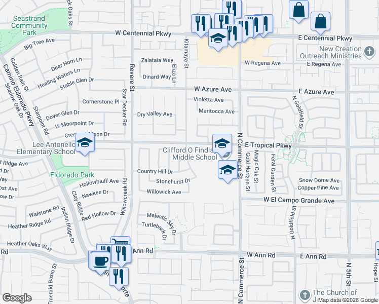 map of restaurants, bars, coffee shops, grocery stores, and more near 5932 Crestmont Drive in North Las Vegas