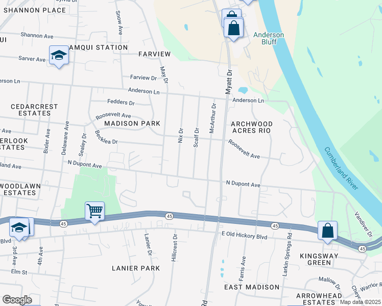 map of restaurants, bars, coffee shops, grocery stores, and more near 211 Scalf Drive in Nashville