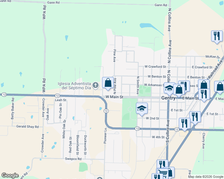map of restaurants, bars, coffee shops, grocery stores, and more near 108 Pine Avenue in Gentry