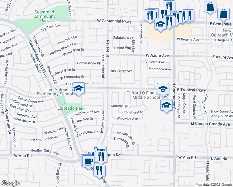 map of restaurants, bars, coffee shops, grocery stores, and more near 5933 Forest Creek Road in North Las Vegas