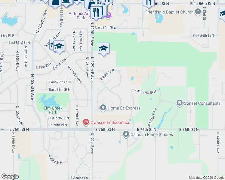 map of restaurants, bars, coffee shops, grocery stores, and more near 13102 East 78th Street North in Owasso