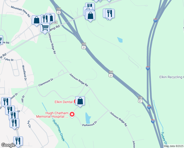 map of restaurants, bars, coffee shops, grocery stores, and more near 700 Johnson Ridge Road in Elkin