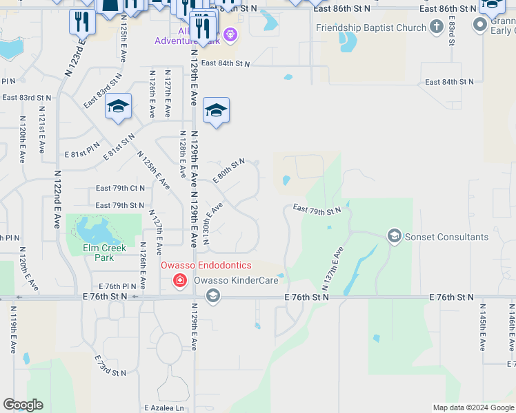 map of restaurants, bars, coffee shops, grocery stores, and more near 7802 North 132nd East Court in Owasso