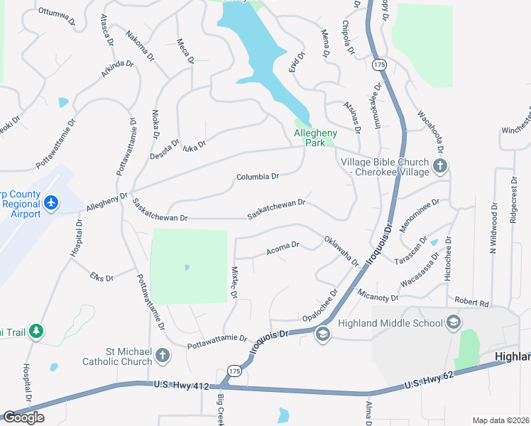 map of restaurants, bars, coffee shops, grocery stores, and more near 74 Saskatchewan Drive in Cherokee Village