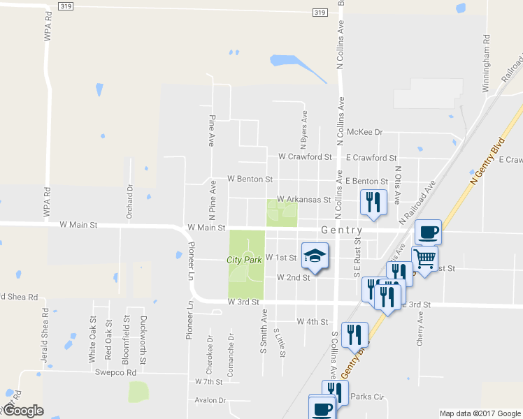 map of restaurants, bars, coffee shops, grocery stores, and more near 109 North Smith Avenue in Gentry